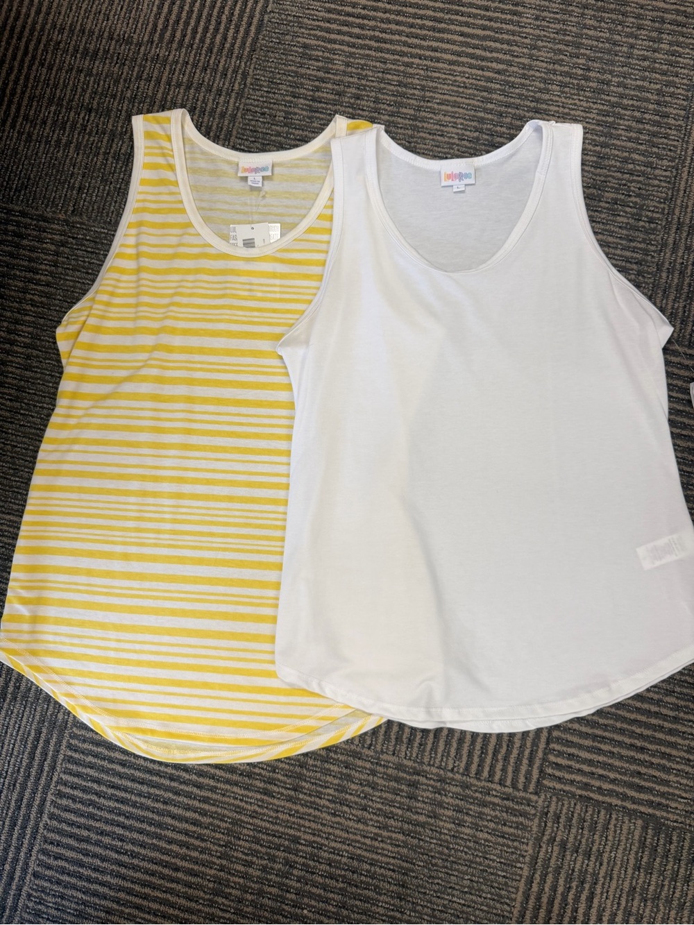 2 NWT LuLaRoe Yellow Striped & White Tank Top Set Sz Large